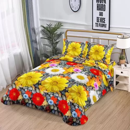 (OFERTA 3 la 199 Lei) Lenjerie pat 1 PERSOANA, 3 piese, IMPRIMEU 3D Multiplicat, Microfibra, Galben, flori