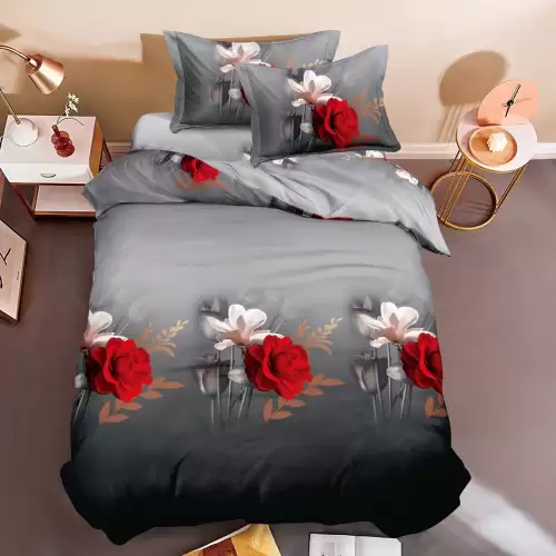 (OFERTA 3 la 199 Lei) Lenjerie pat 1 PERSOANA, 3 piese, IMPRIMEU 3D Multiplicat, Microfibra, Gri, flori