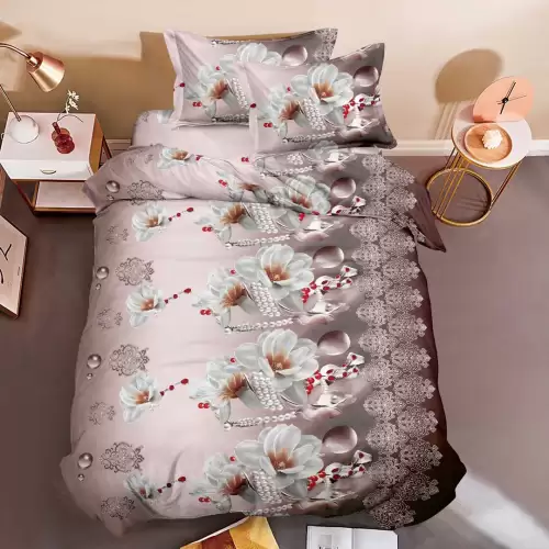 (OFERTA 3 la 199 Lei) Lenjerie pat 1 PERSOANA, 3 piese, IMPRIMEU 3D Multiplicat, Microfibra, Maro, flori