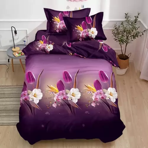 (OFERTA 3 la 199 Lei) Lenjerie pat 1 PERSOANA, 3 piese, IMPRIMEU 3D Multiplicat, Microfibra, Mov, flori