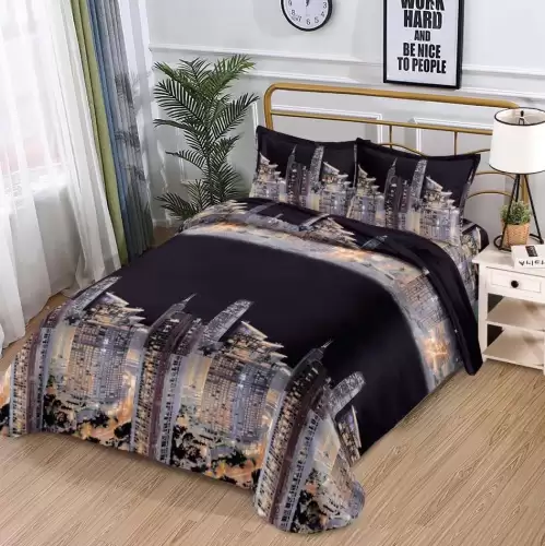 (OFERTA 3 la 199 Lei) Lenjerie pat 1 PERSOANA, 3 piese, IMPRIMEU 3D Multiplicat, Microfibra, Negru, oras