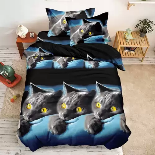 (OFERTA 3 la 199 Lei) Lenjerie pat 1 PERSOANA, 3 piese, IMPRIMEU 3D Multiplicat, Microfibra, Negru, pisici