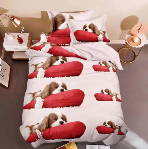 (OFERTA 3 la 199 Lei) Lenjerie pat 1 PERSOANA, 3 piese, IMPRIMEU 3D Multiplicat, Microfibra, Rosu, catei