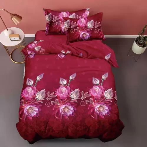 (OFERTA 3 la 199 Lei) Lenjerie pat 1 PERSOANA, 3 piese, IMPRIMEU 3D Multiplicat, Microfibra, Visiniu, flori