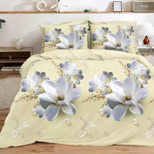 (OFERTA 3 la 199 Lei) Lenjerie pat dublu, 4 piese, IMPRIMEU 3D Multiplicat, Microfibra, Crem, flori