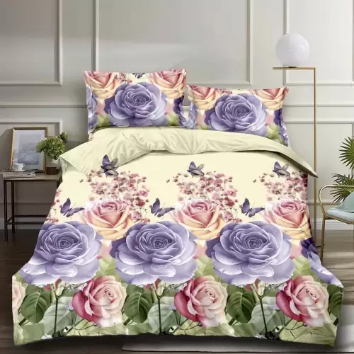 (OFERTA 3 la 199 Lei) Lenjerie pat dublu, 4 piese, IMPRIMEU 3D Multiplicat, Microfibra, Lila, trandafiri