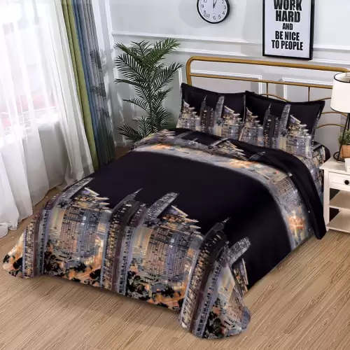 (OFERTA 3 la 199 Lei) Lenjerie pat dublu, 4 piese, IMPRIMEU 3D Multiplicat, Microfibra, Negru, oras
