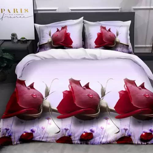 (OFERTA 3 la 199 Lei) Lenjerie pat dublu, 4 piese, IMPRIMEU 3D Multiplicat, Microfibra, Rosu, trandafiri