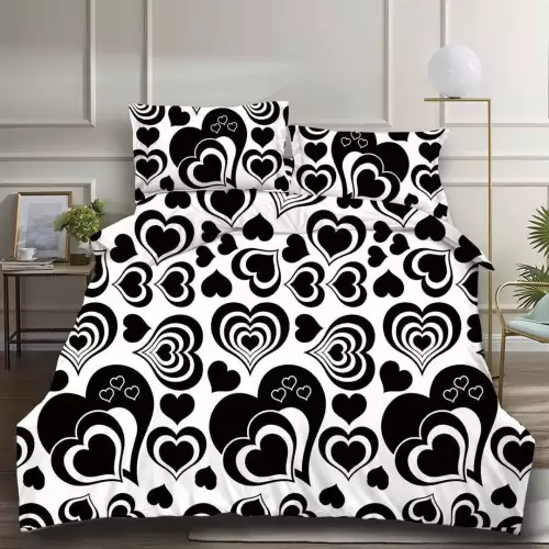 (OFERTA 3 la 199 Lei) Lenjerie pat dublu, 4 piese, IMPRIMEU 3D Multiplicat Multiplicat, Microfibra, Alb-Negru, inimioare
