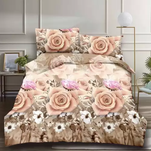 (OFERTA 3 la 199 Lei) Lenjerie pat dublu, 4 piese, IMPRIMEU 3D Multiplicat Multiplicat, Microfibra, Bej, flori