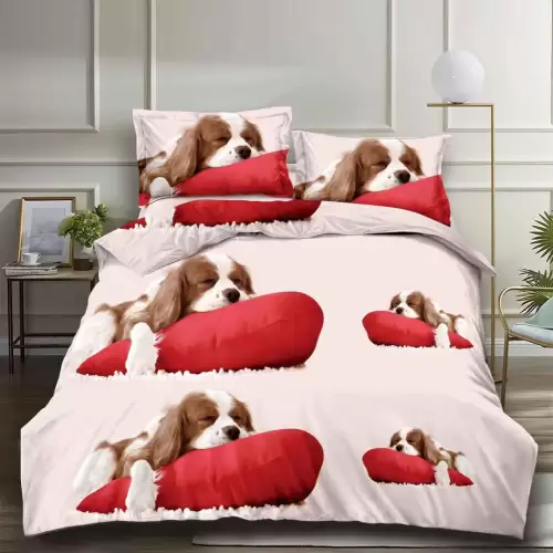 (OFERTA 3 la 199 Lei) Lenjerie pat dublu, 4 piese, IMPRIMEU 3D Multiplicat Multiplicat, Microfibra, Bej-Rosu, catei