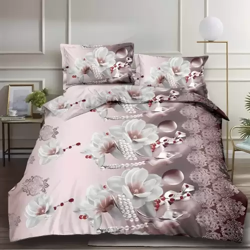 (OFERTA 3 la 199 Lei) Lenjerie pat dublu, 4 piese, IMPRIMEU 3D Multiplicat Multiplicat, Microfibra, Maro, flori