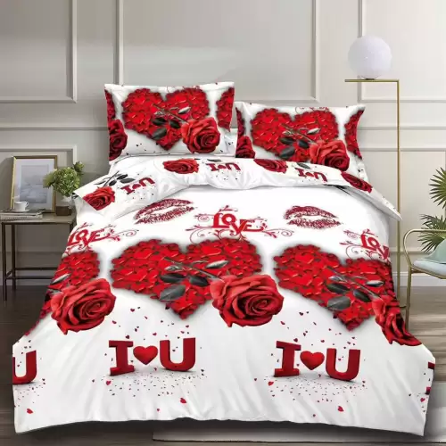 (OFERTA 3 la 199 Lei) Lenjerie pat dublu, 4 piese, IMPRIMEU 3D Multiplicat Multiplicat, Microfibra, Rosu, trandafiri, inimioare