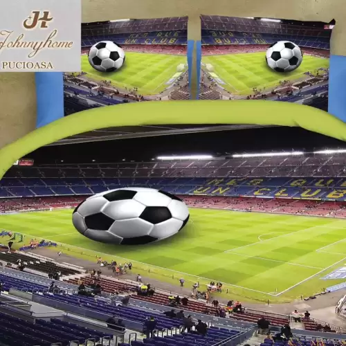 (OFERTA 3 la 199 Lei) Lenjerie pat dublu, 4 piese, IMPRIMEU 3D Multiplicat Multiplicat, Microfibra, Verde, fotbal