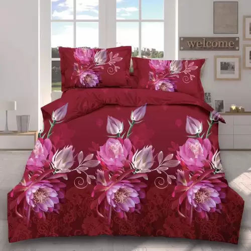(OFERTA 3 la 199 Lei) Lenjerie pat dublu, 4 piese, IMPRIMEU 3D Multiplicat Multiplicat, Microfibra, Visiniu, flori