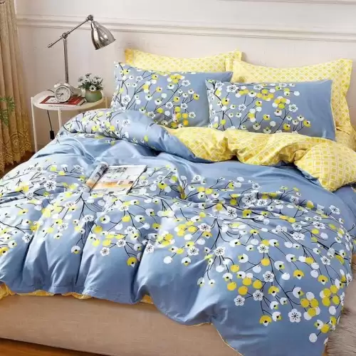 (OFERTA 3 la 199 Lei) Lenjerie pat dublu cu doua feţe, 4 piese, Finet Soft, Bleu, floricele