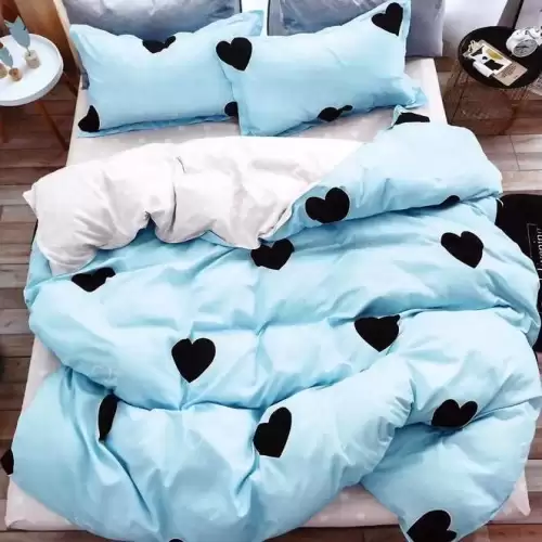 (OFERTA 3 la 199 Lei) Lenjerie pat dublu cu doua feţe, 4 piese, Finet Soft, Bleu, inimioare