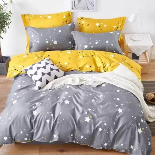 (OFERTA 3 la 199 Lei) Lenjerie pat dublu cu doua feţe, 4 piese, Finet Soft, Gri, stelute