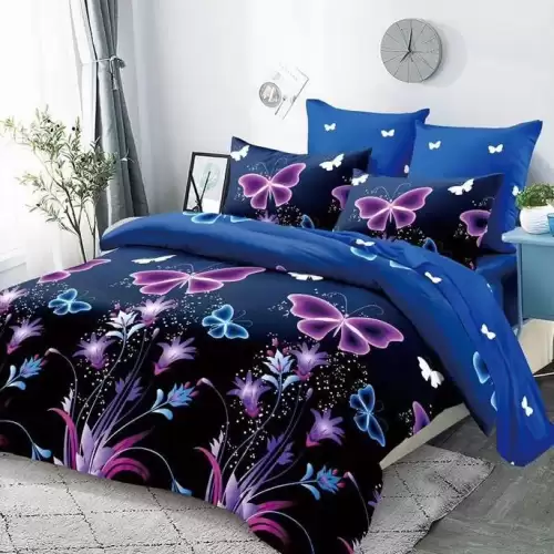 (OFERTA 3 la 199 Lei) Lenjerie pat dublu cu doua feţe, 4 piese, Finet Soft, Mov, fluturi