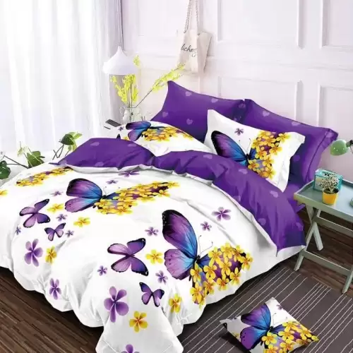 (OFERTA 3 la 199 Lei) Lenjerie pat dublu cu doua feţe, 4 piese, Finet Soft, Mov, fluturi