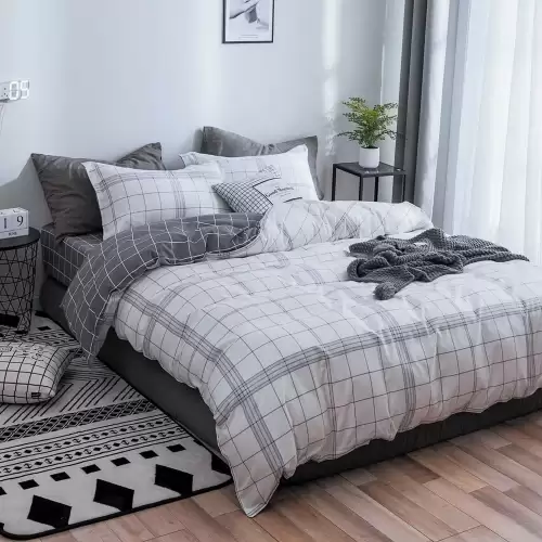 (OFERTA 3 la 199 Lei) Lenjerie pat dublu cu doua feţe, bumbac satinat, 4 piese,  Alb, Gri, patratele