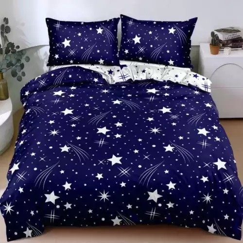 (OFERTA 3 la 199 Lei) Lenjerie pat dublu cu doua feţe, bumbac satinat, 4 piese,  Albastru, stelute