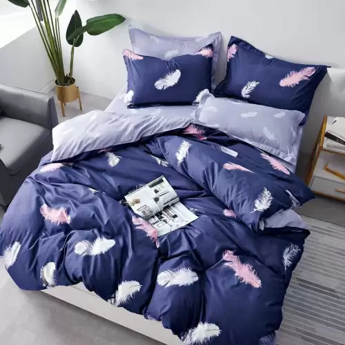 (OFERTA 3 la 199 Lei) Lenjerie pat dublu cu doua feţe, bumbac satinat, 4 piese, Bleumarin, pene