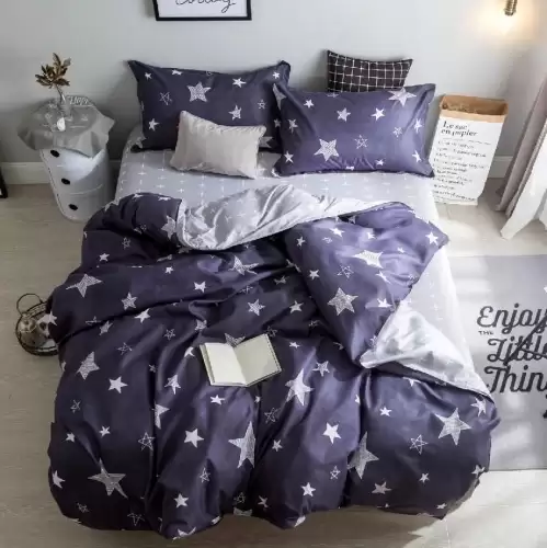 (OFERTA 3 la 199 Lei) Lenjerie pat dublu cu doua feţe, bumbac satinat, 4 piese, Bleumarin, stelute