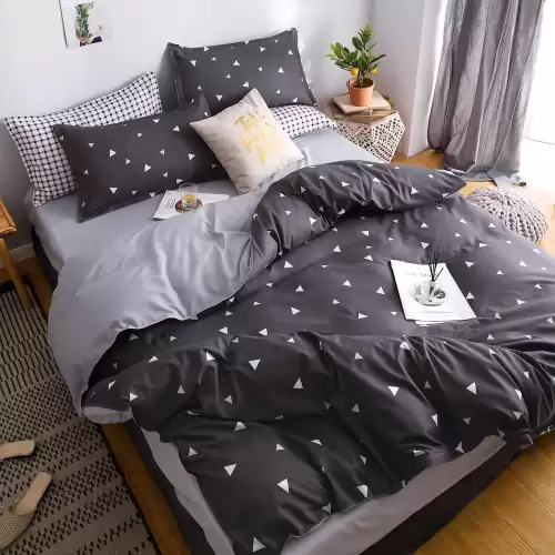 (OFERTA 3 la 199 Lei) Lenjerie pat dublu cu doua feţe, bumbac satinat, 4 piese, Gri, forme geometrice