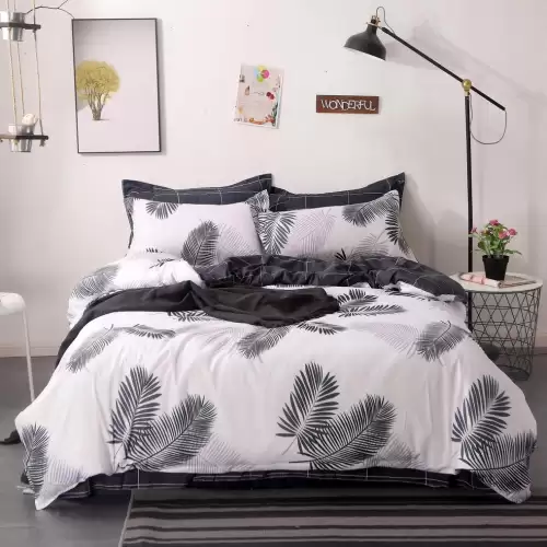 (OFERTA 3 la 199 Lei) Lenjerie pat dublu cu doua feţe, bumbac satinat, 4 piese, Gri, frunze