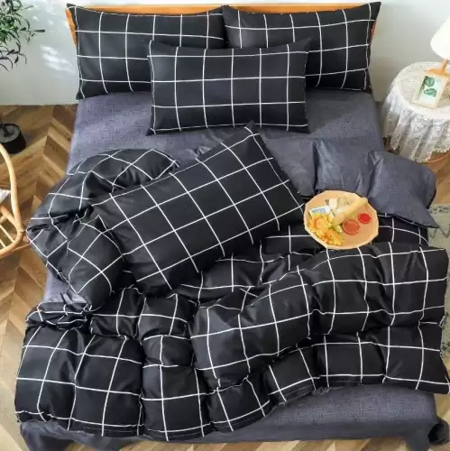 (OFERTA 3 la 199 Lei) Lenjerie pat dublu cu doua feţe, bumbac satinat, 4 piese,  Gri, patratele