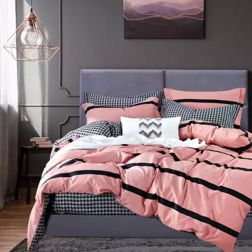 (OFERTA 3 la 199 Lei) Lenjerie pat dublu cu doua feţe, bumbac satinat, 4 piese, Roz, dungi