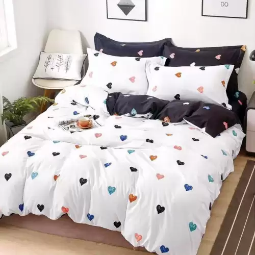 (OFERTA 3 la 199 Lei) Lenjerie pat dublu cu ELASTIC (160x200cm, 180x200cm), Finet Soft, 4 piese, Alb, inimioare