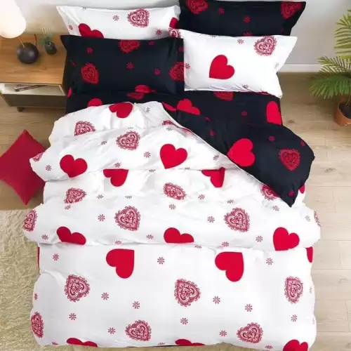 (OFERTA 3 la 199 Lei) Lenjerie pat dublu cu ELASTIC (160x200cm, 180x200cm), Finet Soft, 4 piese, Alb-Rosu, inimioare