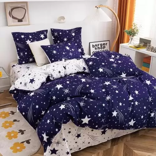 (OFERTA 3 la 199 Lei) Lenjerie pat dublu cu ELASTIC (160x200cm, 180x200cm), Finet Soft, 4 piese, Albastru, stelute