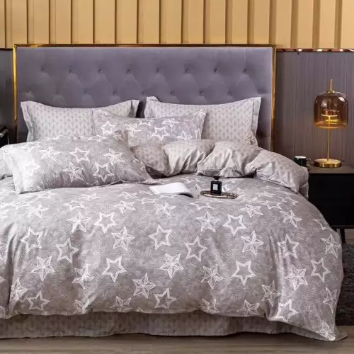 (OFERTA 3 la 199 Lei) Lenjerie pat dublu cu ELASTIC (160x200cm, 180x200cm), Finet Soft, 4 piese, Gri, stelute