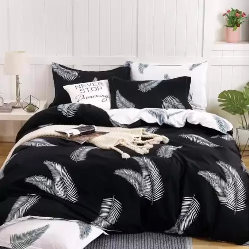 (OFERTA 3 la 199 Lei) Lenjerie pat dublu cu ELASTIC (160x200cm, 180x200cm), Finet Soft, 4 piese, Negru, frunze