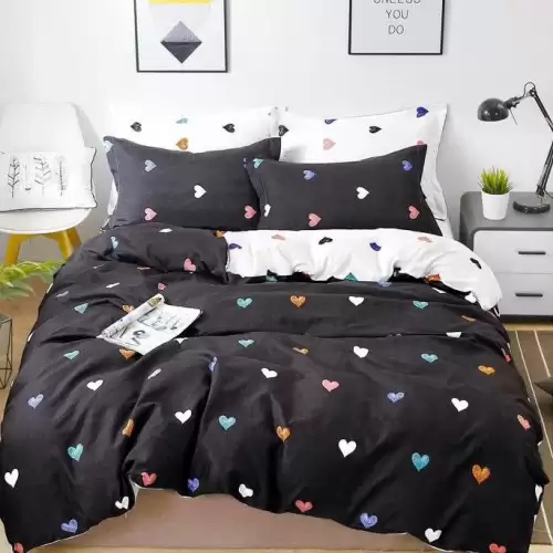 (OFERTA 3 la 199 Lei) Lenjerie pat dublu cu ELASTIC (160x200cm, 180x200cm), Finet Soft, 4 piese, Negru, inimioare