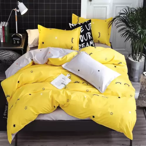 (OFERTA 3 la 219 Lei) Lenjerie pat dublu cu Elastic (160x200cm si 180x200cm), bumbac satinat, Galben, gene, stelute