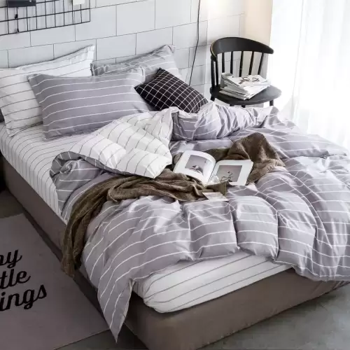 (OFERTA 3 la 219 Lei) Lenjerie pat dublu cu Elastic (160x200cm si 180x200cm), bumbac satinat, Gri, dungi