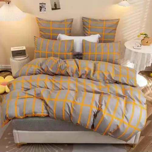 (OFERTA 3 la 219 Lei) Lenjerie pat dublu cu Elastic (160x200cm si 180x200cm), bumbac satinat, Gri-Mustar, carouri