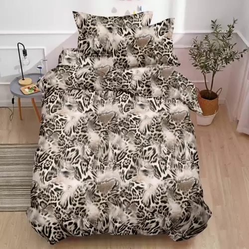 (OFERTA TRIO) Lenjerie pat 1 PERSOANA,  FINET, 4 piese, cu ELASTIC, Bej, abstract, animal print