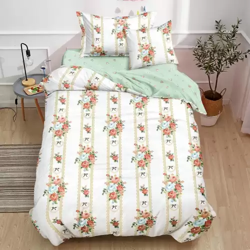 (OFERTA TRIO) Lenjerie pat 1 PERSOANA,  FINET, 4 piese, cu ELASTIC, Bej, trandafiri, fundite