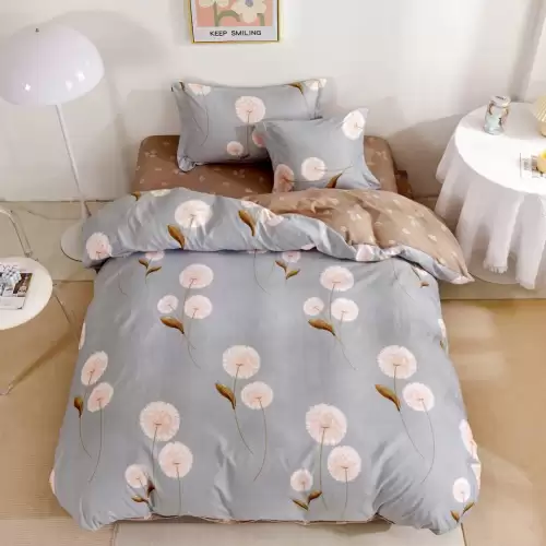 (OFERTA TRIO) Lenjerie pat 1 PERSOANA, FINET, 4 piese, cu ELASTIC, Bleu-Maro, papadii