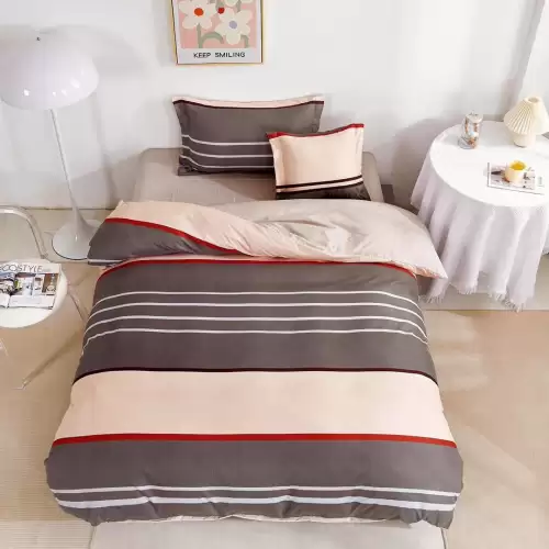 (OFERTA TRIO) Lenjerie pat 1 PERSOANA, FINET, 4 piese, cu ELASTIC, Maro, dungi