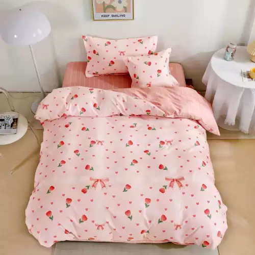 (OFERTA TRIO) Lenjerie pat 1 PERSOANA,  FINET, 4 piese, cu ELASTIC, Roz, lalele, fundite, inimioare