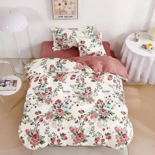 (OFERTA TRIO) Lenjerie pat 1 PERSOANA, FINET, 4 piese, cu ELASTIC, Roz pudra, flori