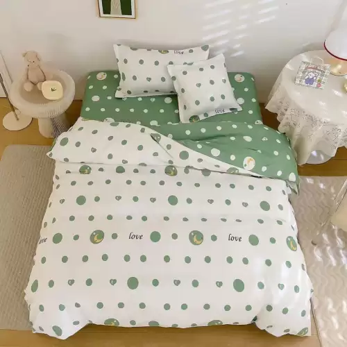 (OFERTA TRIO) Lenjerie pat 1 PERSOANA, FINET, 4 piese, cu ELASTIC, Verde, buline