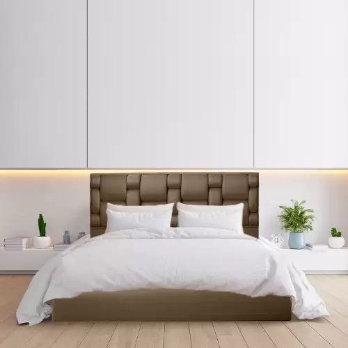 Pat tapitat, cu somiera rabatabila si lada de depozitare, 140x200, Bjorn, Maro