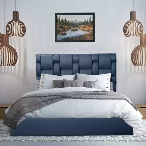 Pat tapitat, cu somiera rabatabila si lada de depozitare, 90x200, Bjorn, Albastru